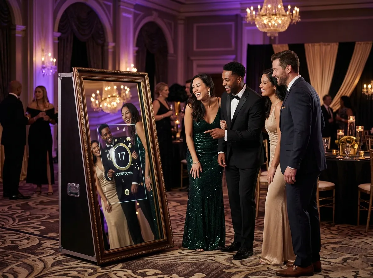 Pareja disfrutando la experiencia Magic Mirror de Mist en su boda